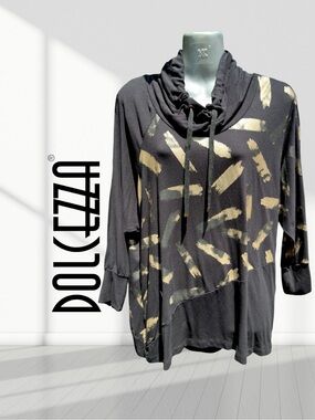 Dolcezza Cowl Neck Abstract Print Tunic Top Black Gold Women’s | Large